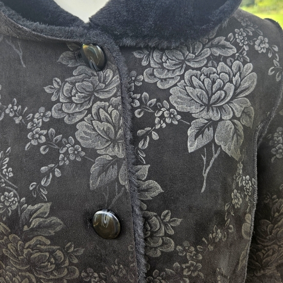 Dennis Basso Madison Avenue Jaquard Floral Print Faux Shearling Coat Hood Black - Picture 4 of 10